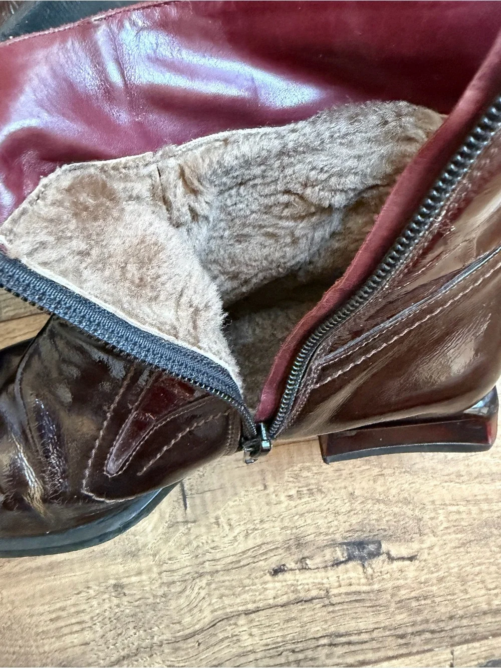 Vintage 90s Italian Patent Leather Shearling Boots Geometric Heel Vibram fits 7